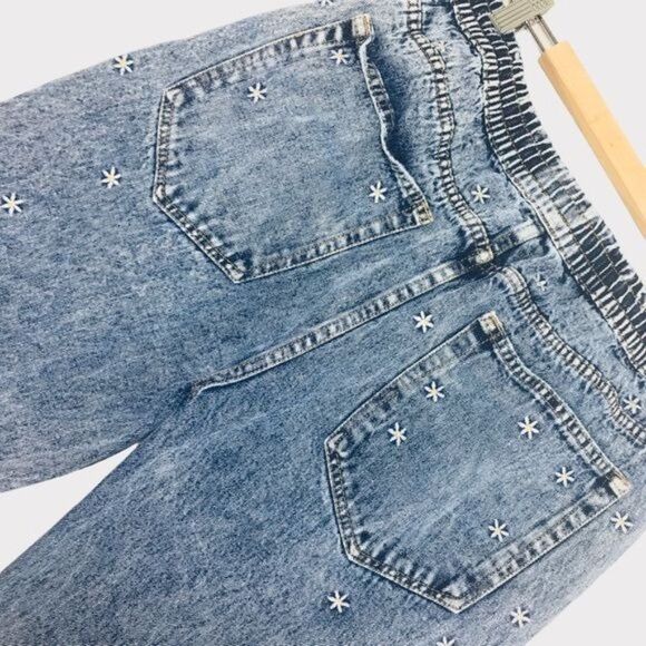 EASEL High Rise Floral Embroidered Distressed Straight Leg Drawstring Jeans Sz L - Picture 9 of 10